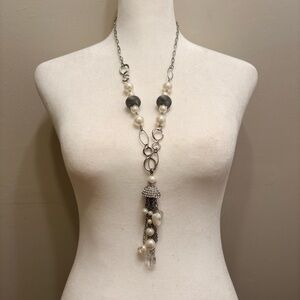 Silver Tone Pearl & Crystal Tassel Statement Necklace, Boho Statement Necklace